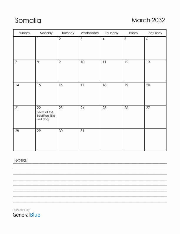 March 2032 Somalia Calendar with Holidays (Sunday Start)