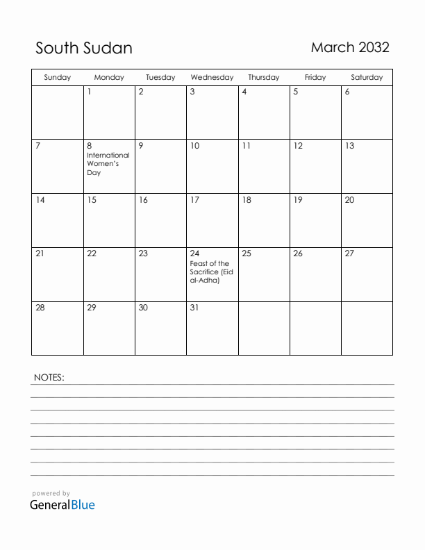 March 2032 South Sudan Calendar with Holidays (Sunday Start)
