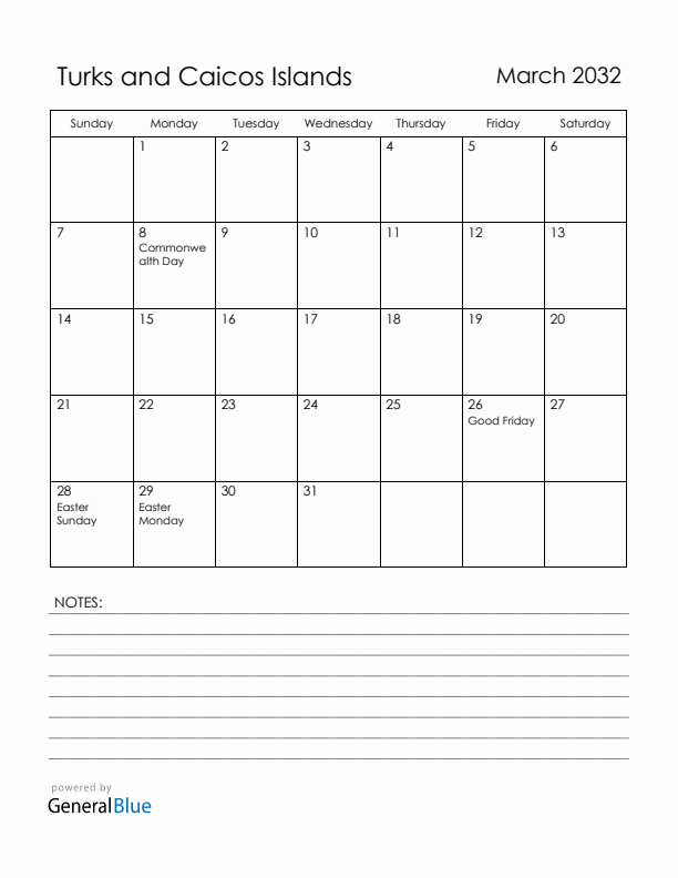 March 2032 Turks and Caicos Islands Calendar with Holidays (Sunday Start)