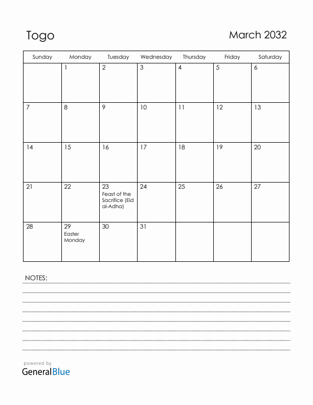 March 2032 Togo Calendar with Holidays (Sunday Start)