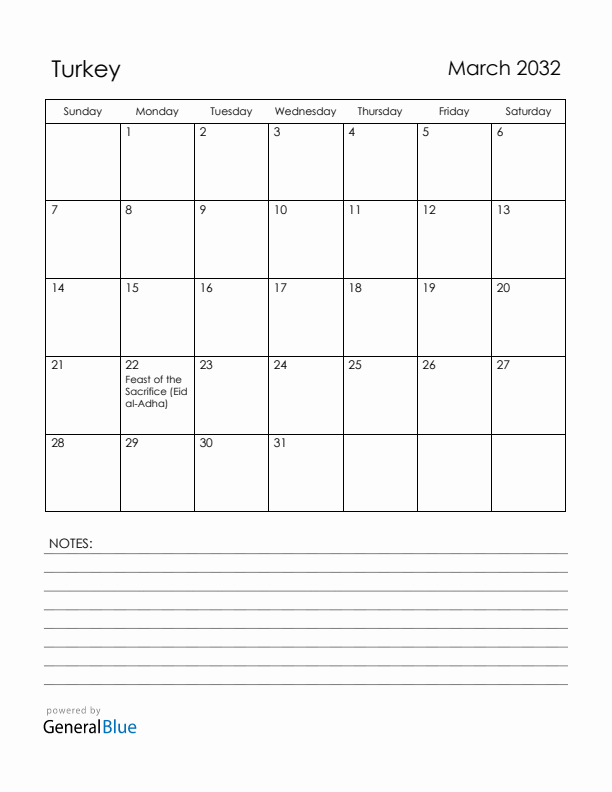 March 2032 Turkey Calendar with Holidays (Sunday Start)