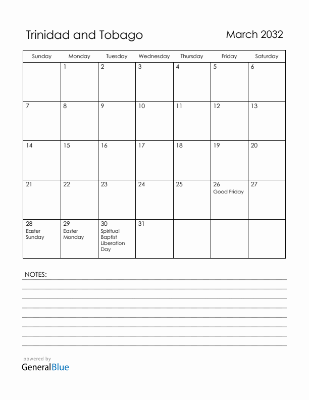March 2032 Trinidad and Tobago Calendar with Holidays (Sunday Start)