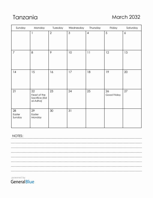 March 2032 Tanzania Calendar with Holidays (Sunday Start)