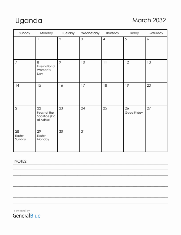 March 2032 Uganda Calendar with Holidays (Sunday Start)