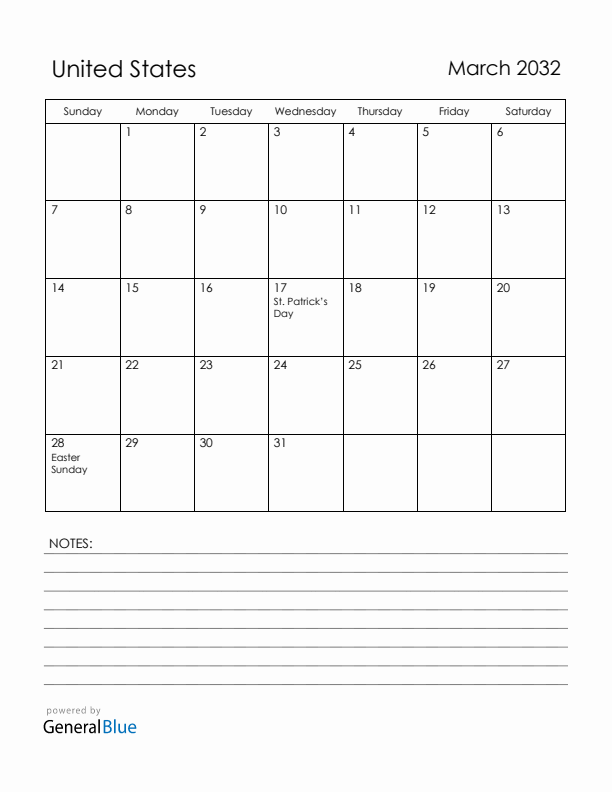 March 2032 United States Calendar with Holidays (Sunday Start)