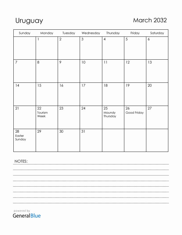March 2032 Uruguay Calendar with Holidays (Sunday Start)