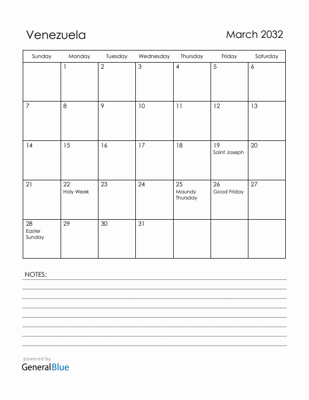 March 2032 Venezuela Calendar with Holidays (Sunday Start)