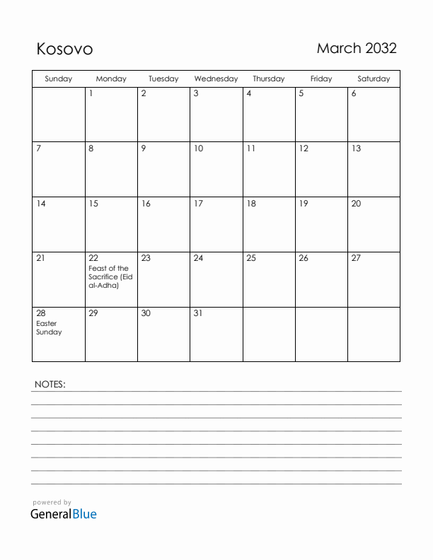 March 2032 Kosovo Calendar with Holidays (Sunday Start)