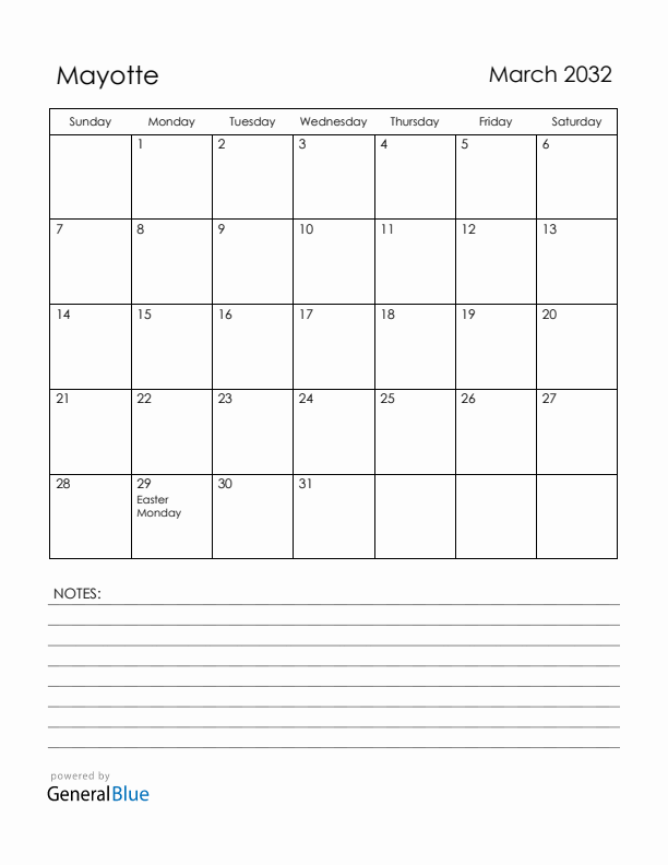 March 2032 Mayotte Calendar with Holidays (Sunday Start)