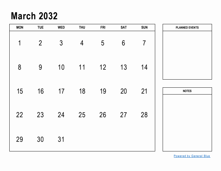 March 2032 Calendar Planner