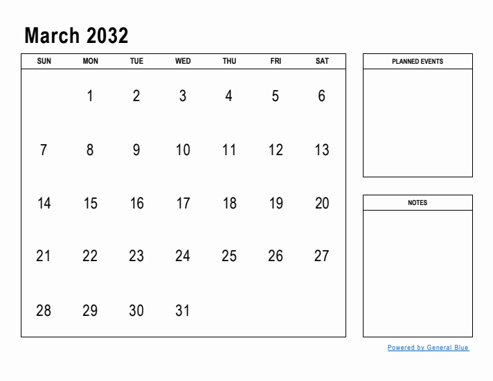 March 2032 Calendar Planner