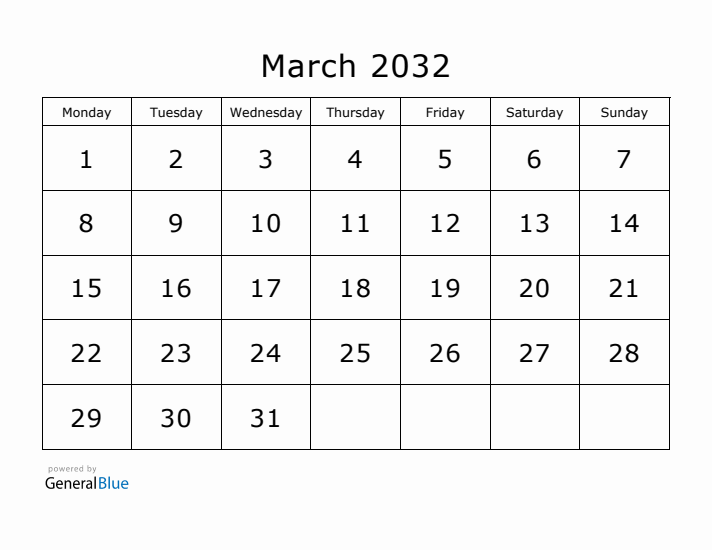 Printable March 2032 Calendar - Monday Start