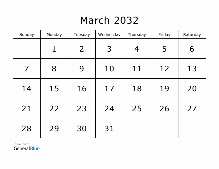 Printable March 2032 Calendar - Sunday Start