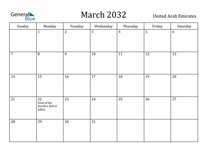 March 2032 Calendar United Arab Emirates