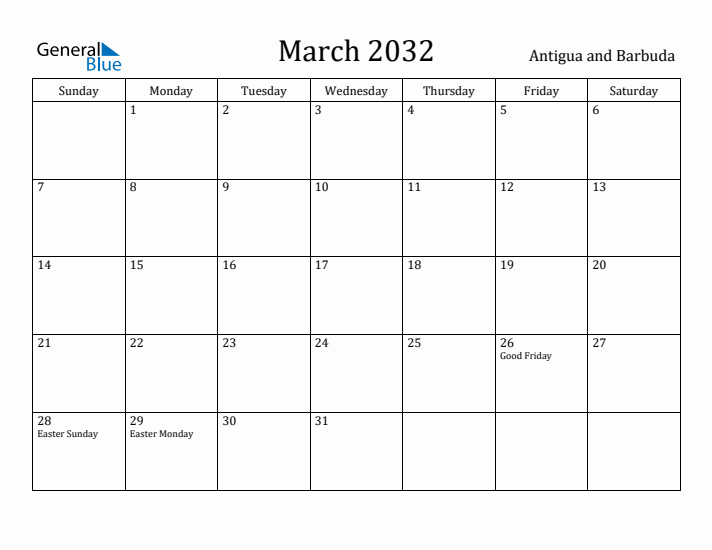 March 2032 Calendar Antigua and Barbuda
