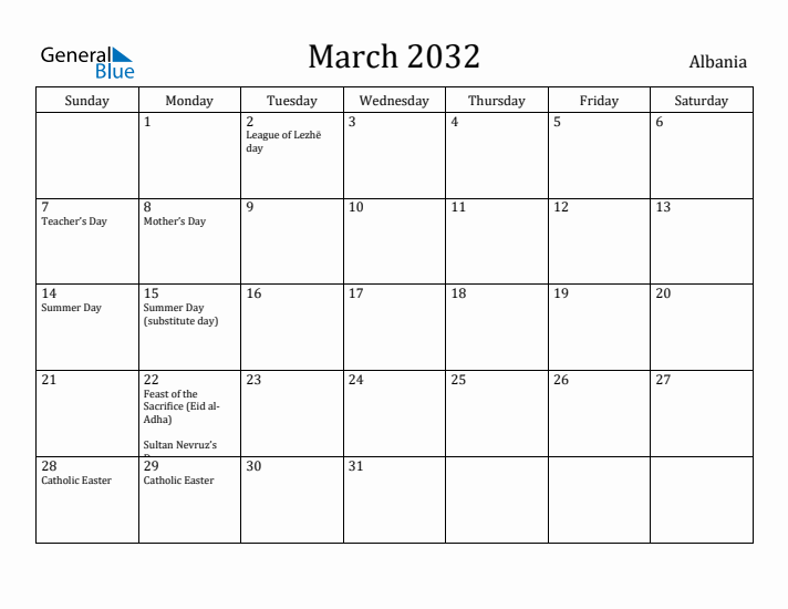 March 2032 Calendar Albania
