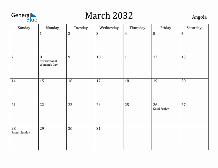 March 2032 Calendar Angola