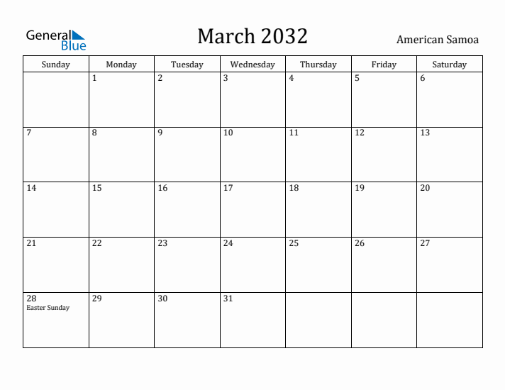 March 2032 Calendar American Samoa