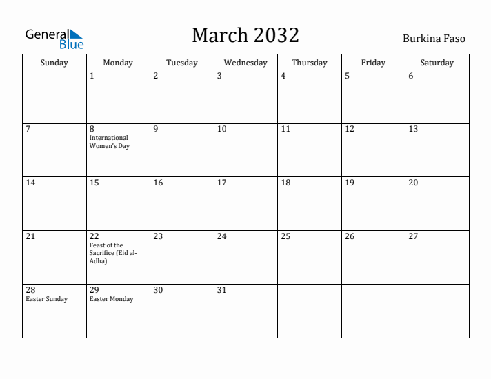 March 2032 Calendar Burkina Faso