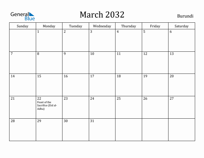 March 2032 Calendar Burundi