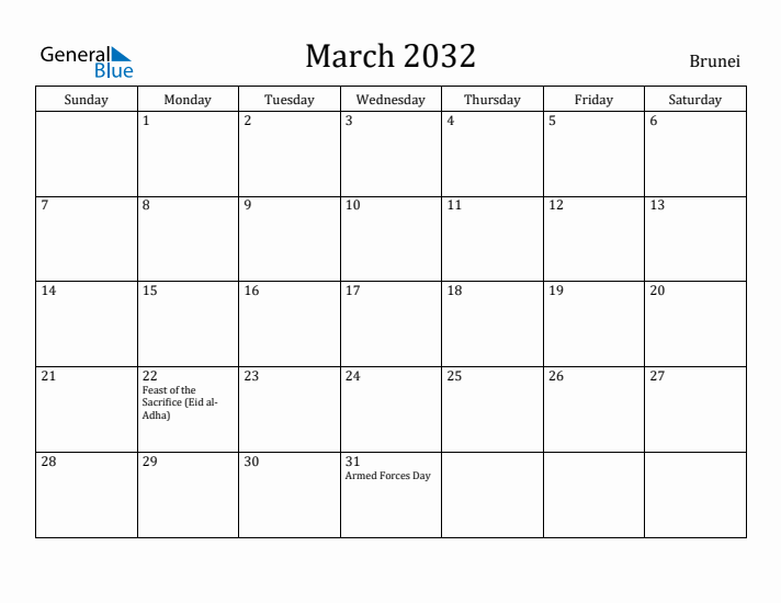 March 2032 Calendar Brunei
