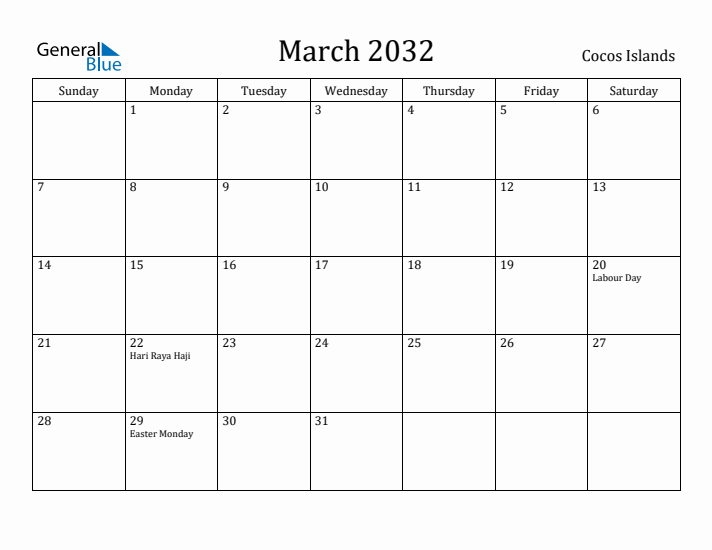 March 2032 Calendar Cocos Islands