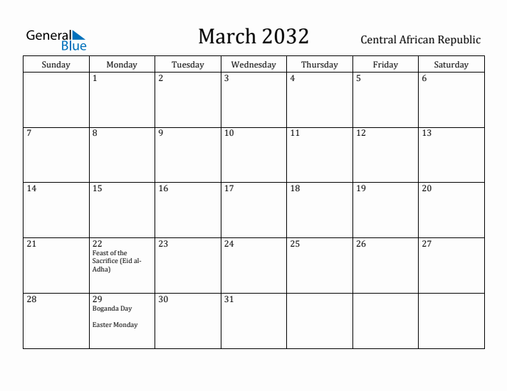 March 2032 Calendar Central African Republic