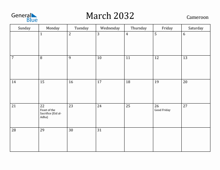 March 2032 Calendar Cameroon