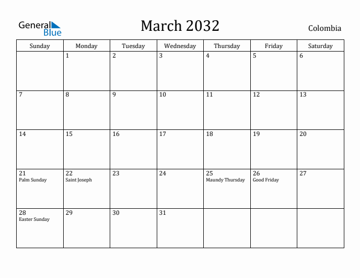 March 2032 Calendar Colombia