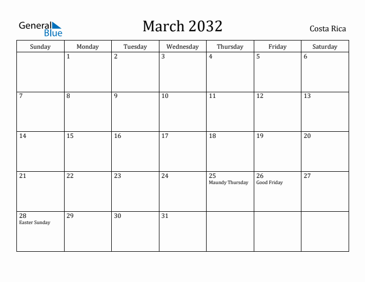 March 2032 Calendar Costa Rica
