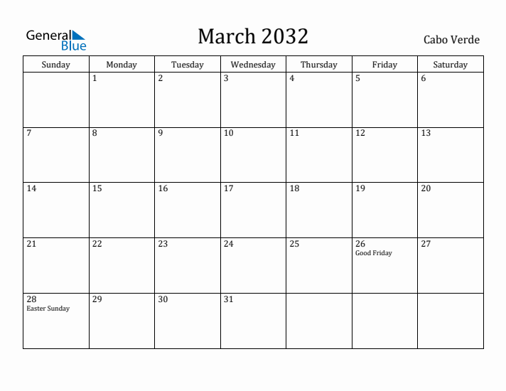 March 2032 Calendar Cabo Verde