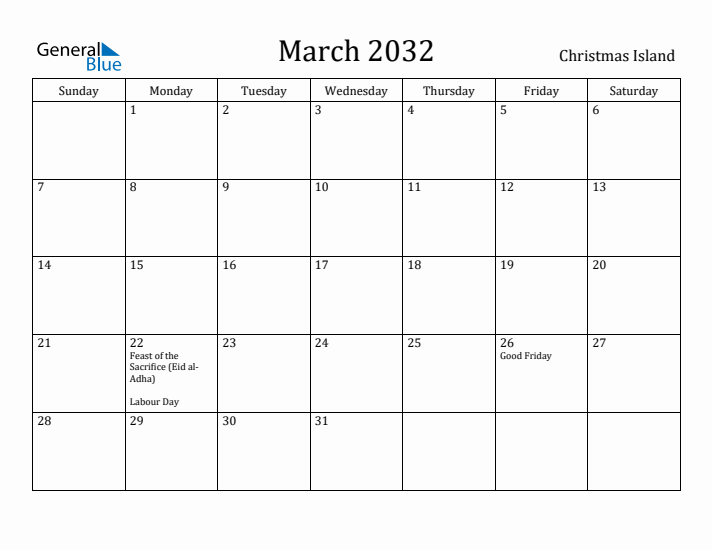 March 2032 Calendar Christmas Island