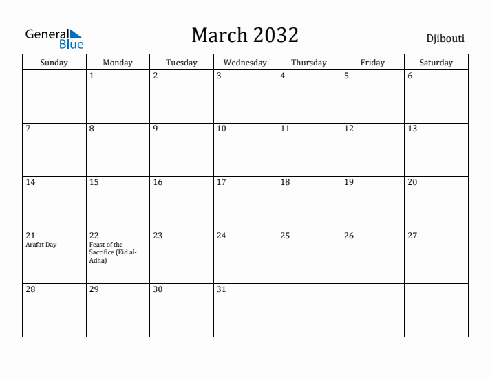March 2032 Calendar Djibouti