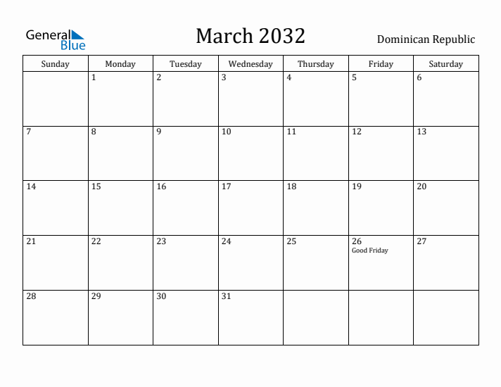 March 2032 Calendar Dominican Republic