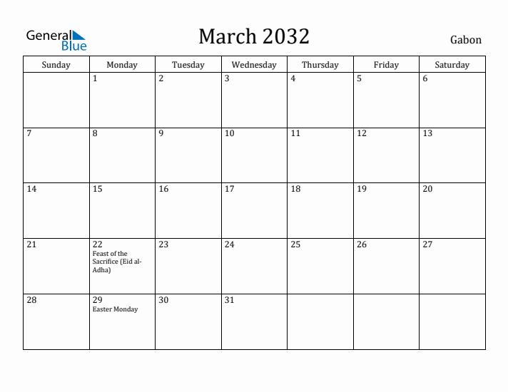 March 2032 Calendar Gabon