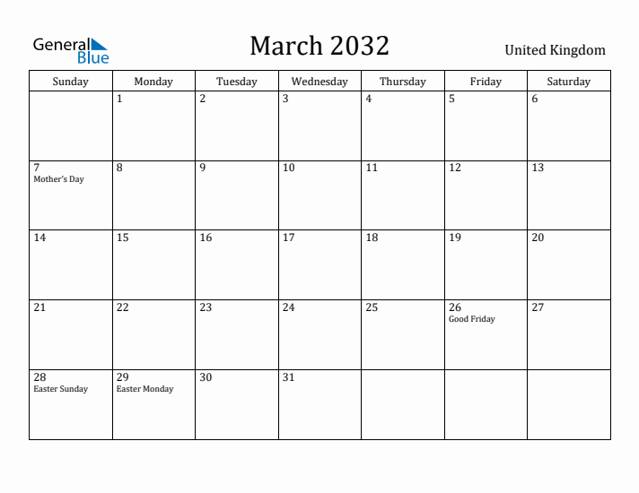 March 2032 Calendar United Kingdom
