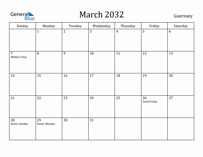 March 2032 Calendar Guernsey