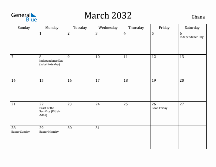 March 2032 Calendar Ghana
