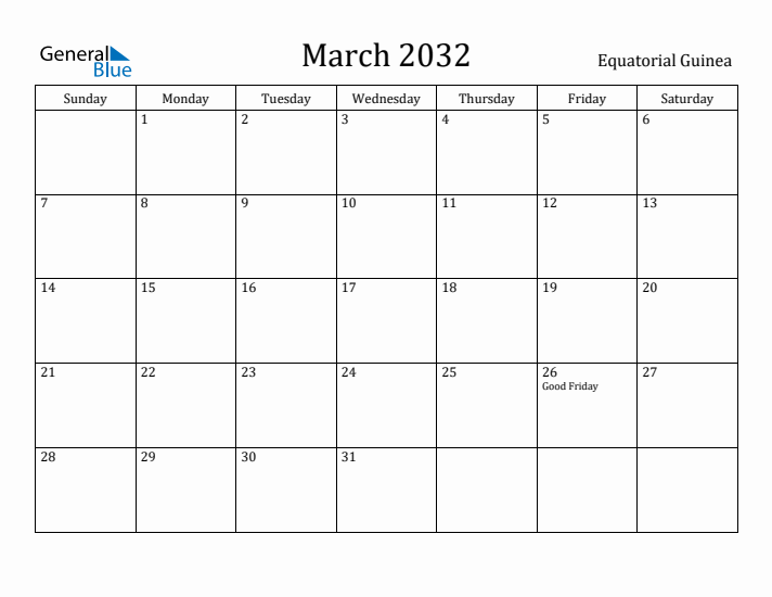 March 2032 Calendar Equatorial Guinea