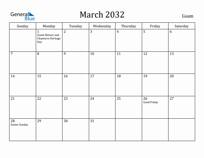 March 2032 Calendar Guam