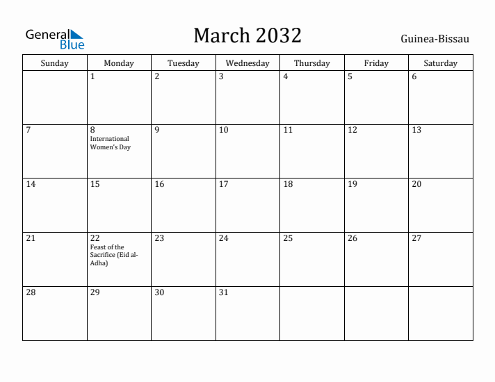 March 2032 Calendar Guinea-Bissau