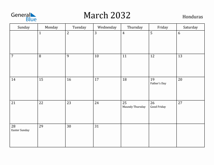 March 2032 Calendar Honduras