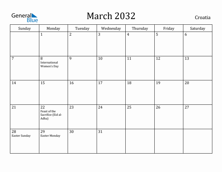 March 2032 Calendar Croatia