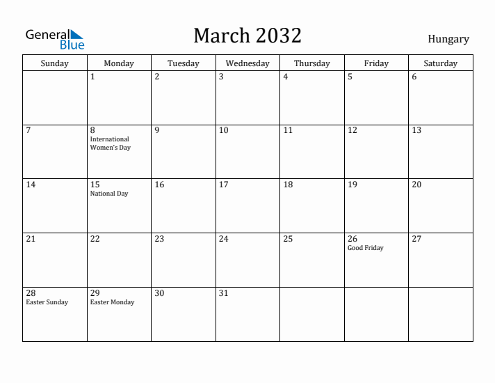 March 2032 Calendar Hungary