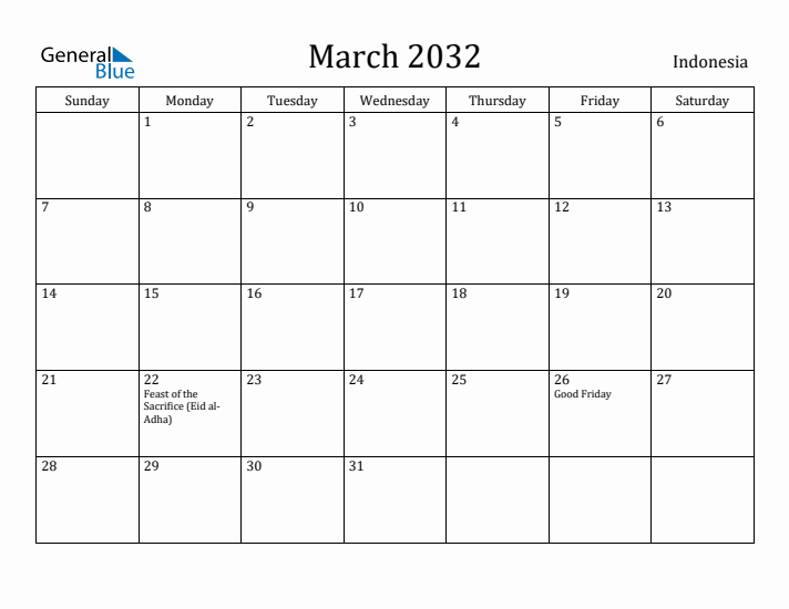 March 2032 Calendar Indonesia
