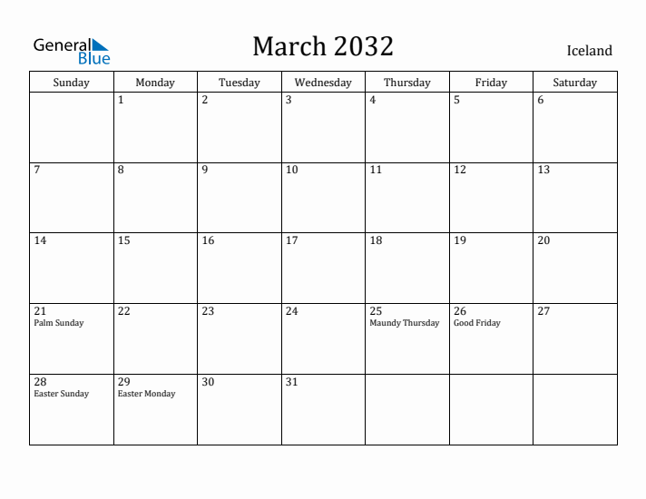March 2032 Calendar Iceland