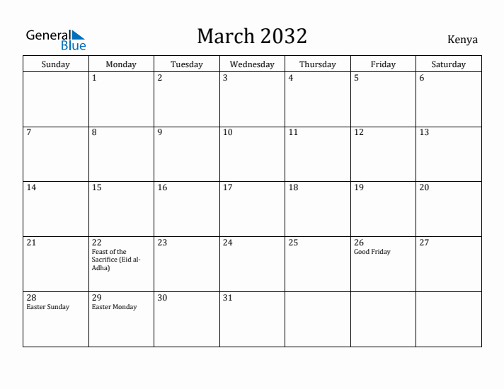 March 2032 Calendar Kenya