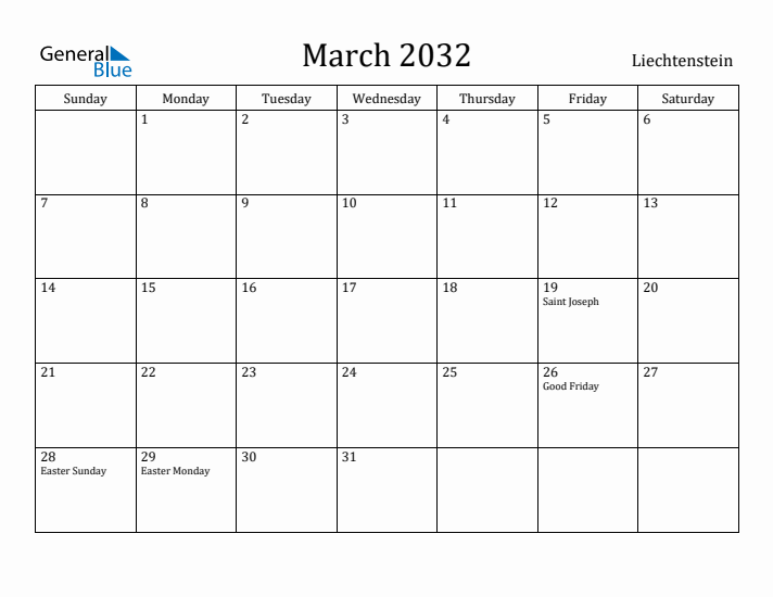 March 2032 Calendar Liechtenstein
