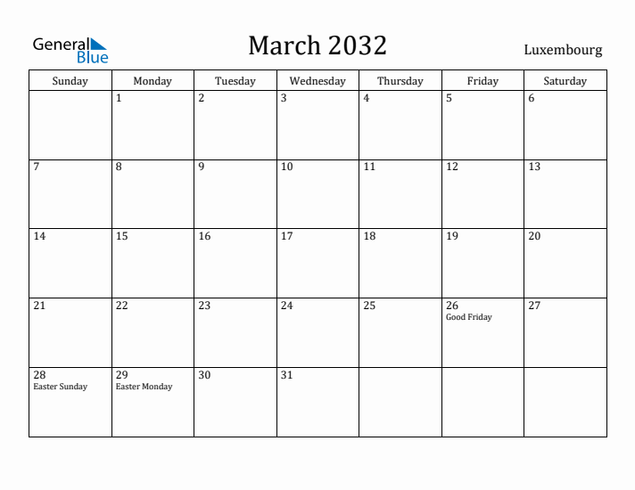 March 2032 Calendar Luxembourg