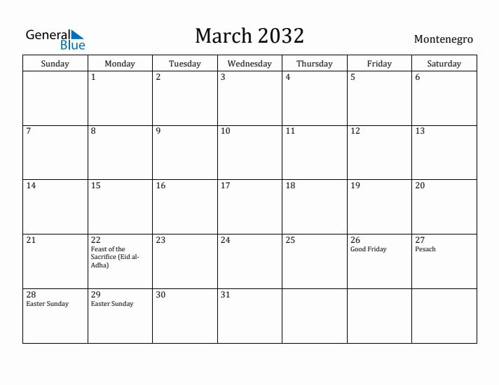 March 2032 Calendar Montenegro